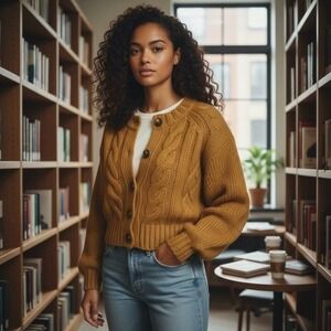 Cable Knit Cropped Cardigan Sweater XS Cotton/Wool Blend Cottagecore Cabincore